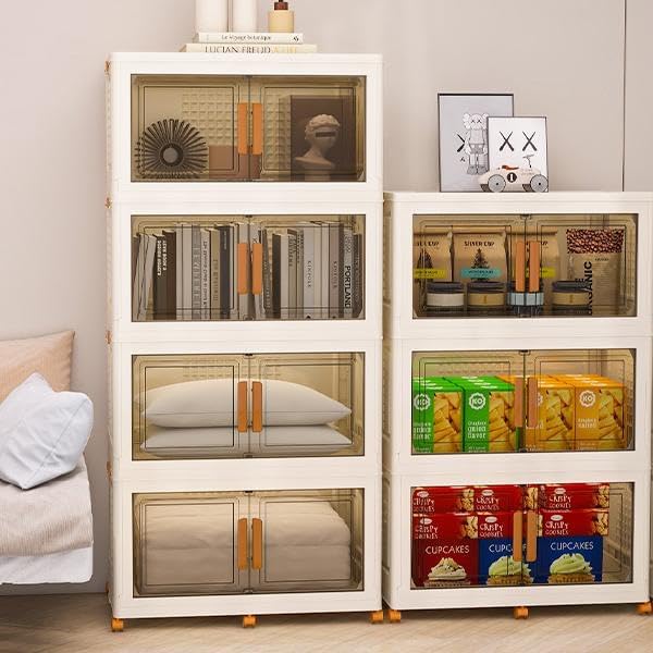 Plastic Stackable Storage Bins with Lids and Wheels, Foldable Closet Organizers and Storage Containers, Collapsible Clear Drawer Storage Cabinet with Doors Ivory White 608 QT