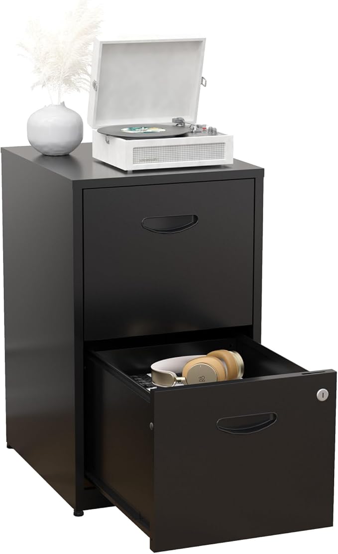 2 Drawer File Cabinet, Metal Two Drawer Vertical File Cabinets with Lock, 18" D Black Storage Filing Cabinet for Home Office, Steel Light Duty Storage for Letter-Size Files, Assembly Required
