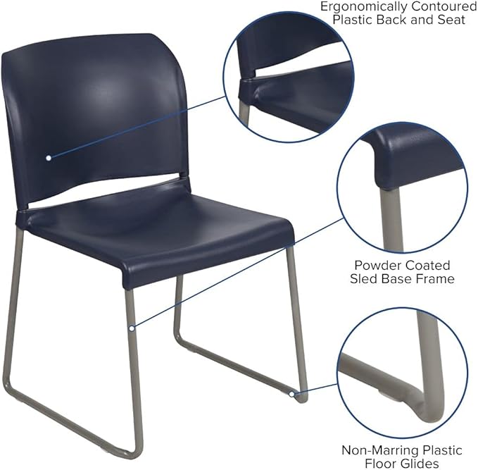 Flash Furniture HERCULES Series 880 lb. Capacity Navy Full Back Contoured Stack Chair with Gray Powder Coated Sled Base