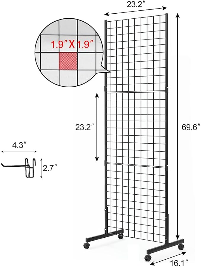 Eastern Tree 2 Packs 2'x 5' Six Pieces Gridwall Panels Stand with T-Base, Black Wire Grid Wall Display Racks with Wheels, Craft Show Display Rack, Retail Display, Extra More 16 Pieces Hooks