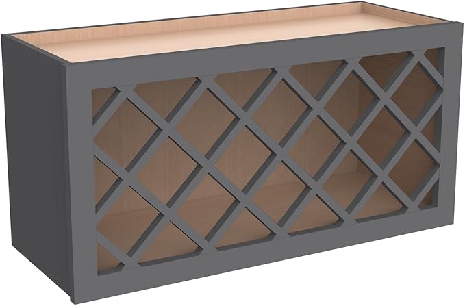 Solid Wood RTA Wine Bottle Rack Wall Cabinet with Lattice Panels - Wine Storage for Bar, Pantry, Cellar & Countertop - Mocha (Pebble Gray, 30'W 12'D 15'H)
