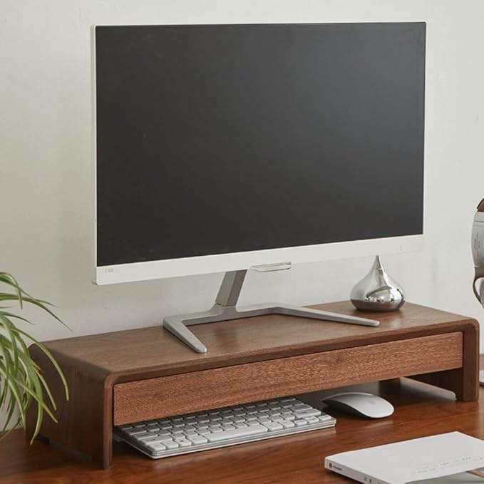 Solid Wood Monitor Stand for Saving Space, Monitor Riser with Storage, 2 Tier Computer Stand with Drawer, Multifunctional Desk Organizer for Home, Office(60cm-23.6in)