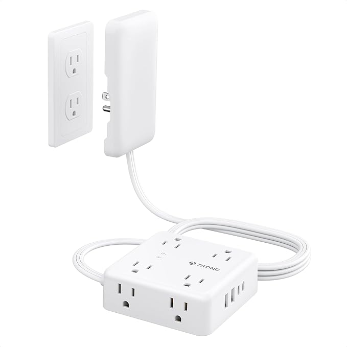 TROND Flat Outlet Cover Extender - 6FT Flat Extension Cord with 8 Outlet and 4 USB, Ultra-Thin Power Strip Cord Concealer with 1700 Surge Protector, Idea for Home Improvement to Hide TV Messy Cord