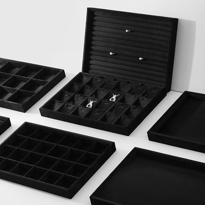 Velvet Ring Display Tray, Stackable Muilt Slot Rings Ear Stud Storage Tray, Drawer Insert Jewelry Accessories Organizers Plate (Black)