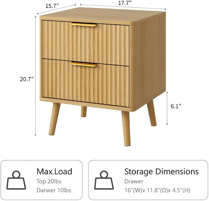 CARPETNAL Fluted Nightstand Set of 2, Oak Bedside Table with 2 Drawers and Gold Handles, Wood End Table Mid Century Night Stands for Bedroom Living Room