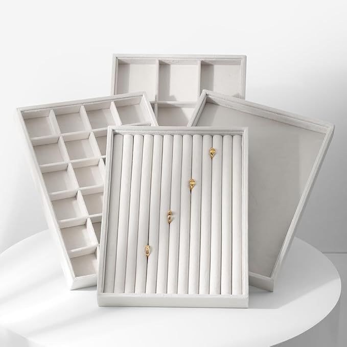 Velvet Stackable Jewelry Display Tray, 24 Grid Earring Ring Storage Tray, Drawer Divider Jewelry Accessories Organizer Plate (White)