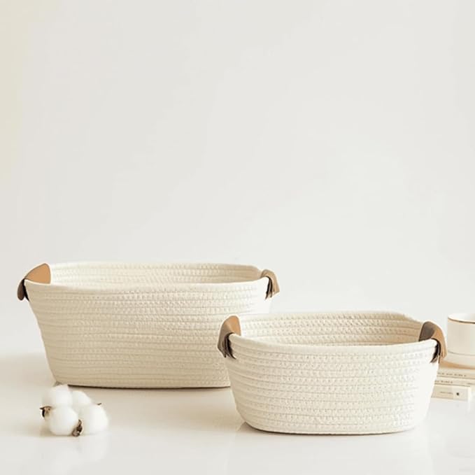 Medium Cotton Woven Basket with PU Leather Handle, Baby Clothes Toys Candy Gifts Cotton Rope Organizer, Living Room Basket Bathroom Shower Storage Laundry Basket, Dog Cat Bed, Cute Decor, Orange