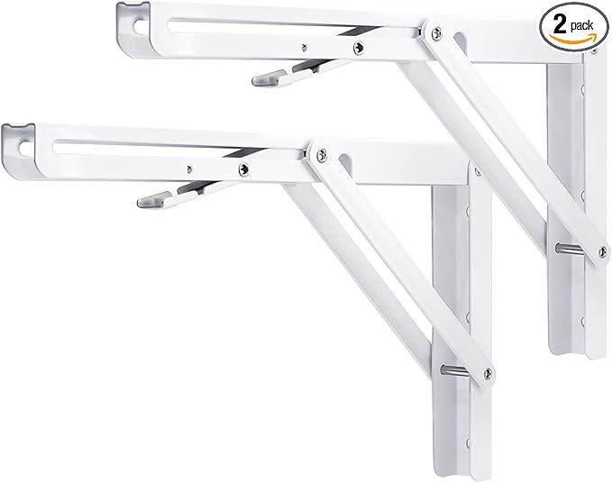 YUMORE Folding Shelf Bracket Heavy Duty, 12 Inch White Collapsible Shelf Bracket, DIY L Bracket for Workbench Folding Table Hinge, Max Load: 330lbs, 2 Pack