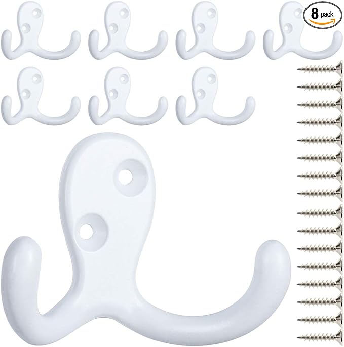 IBosins 8 Pack Heavy Duty Double Prong Coat Hooks Wall Mounted with 16 Screws Retro Double Hooks Utility Hooks for Coat, Scarf, Bag, Towel, Key, Cap, Cup, Hat