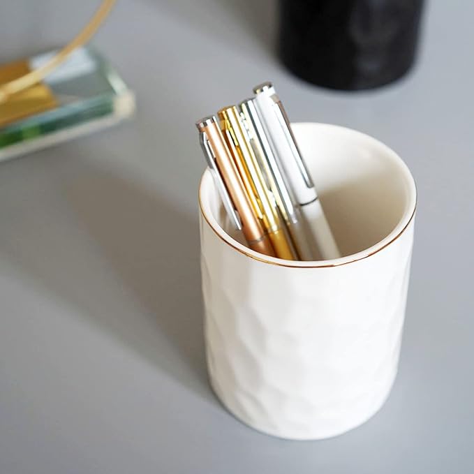 HANKOR Ceramic Pen Holder Cup Pencil Holder for Desk, Makeup Brush Holder Organizer for Office Home, White