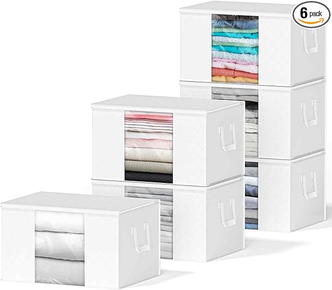 SpaceAid 6 Pack 90L Clothing Storage Bags, Heavy Duty Closet Storage Bins, Extra Large Moving bags, Storage Containers for Clothes, Blankets, Comforters, and Pillows - White