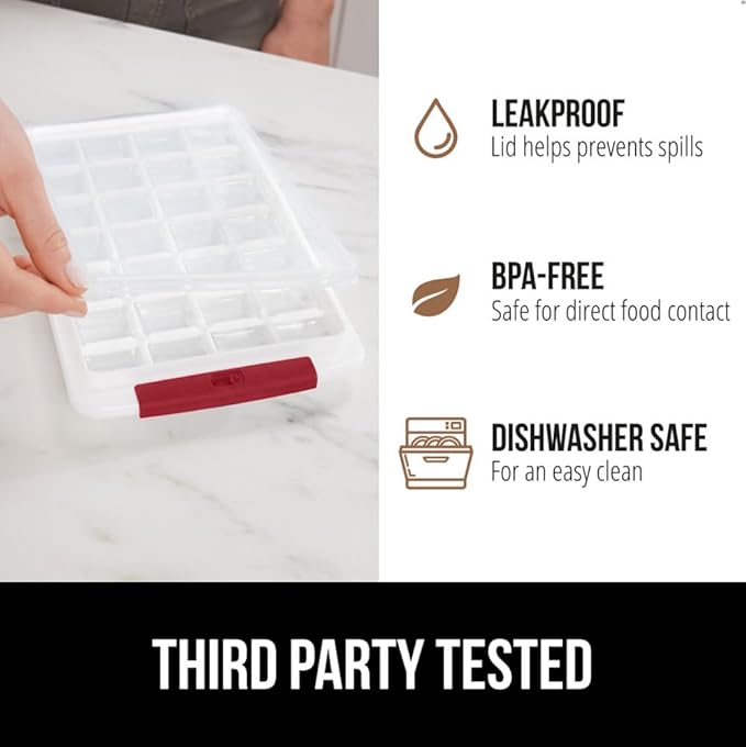 GORILLA GRIP BPA-Free Easy Release Ice Cube Tray for Freezer, Make Lots of Ice, 56 Cubes Total, Kit Includes 2 Stackable Leakproof Trays with Lid and Soft Handle Grips, Scooper, Bin, For Coffee, Red
