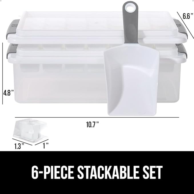 GORILLA GRIP BPA-Free Easy Release Ice Cube Tray for Freezer, Make Lots of Ice, 56 Cubes Total, Kit Includes 2 Stackable Leakproof Trays with Lid and Soft Handle Grips, Scooper, Bin, For Coffee, Gray