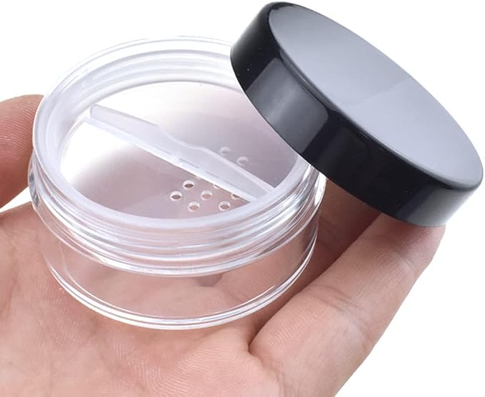 HAHIYO 2Pcs 20ml/0.68oz Plastic Empty Travel Compact Case Makeup Cosmetic Jar Refillable Powder Box No Leak Holder with Rotatable Sifter and Black Screw Lid