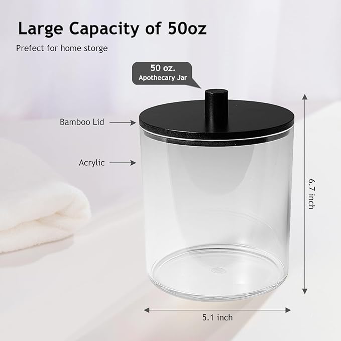 SheeChung 3 Pack 50 Oz Large Apothecary Jar with Bamboo Lid, Laundry Pods Container, Storage Jars for Bathroom Organization, Plastic Canisters with Cute Stickers Spoons(Black)