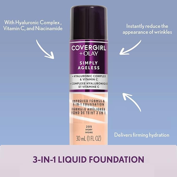 COVERGIRL & Olay Simply Ageless 3-in-1 Liquid Foundation, Matte Finish, Hyaluronic & Vitamin C Formula, 200 Fair Ivory, 1 Count