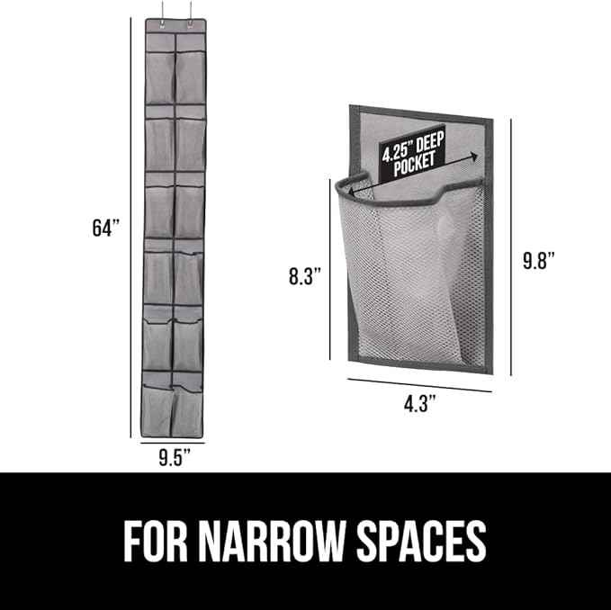 GORILLA GRIP Over the Door Shoe Organizer, 12 Large Breathable Mesh Pockets, Space Saving Hanging Storage Holder, 2 Hook Closet Rack Hanger, Hangs on Closets for Shoes, Accessories, 64H x 9.5W Gray