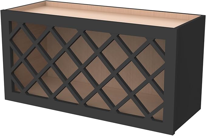 Solid Wood RTA Wine Bottle Rack Wall Cabinet with Lattice Panels Wine Storage for Bar, Pantry, Cellar & Countertop - Mocha (Charcoal Black, 30'W 12'D 15'H)