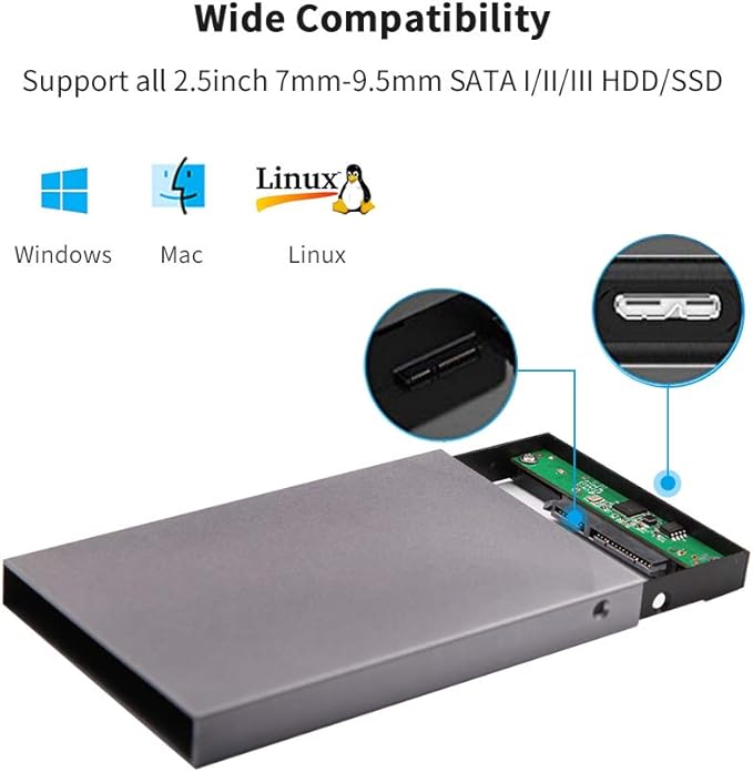 SSK Aluminum USB3.0 to SATA 2.5” External Hard Drive Enclosure Adapter, Ultra Slim Hard Disk Case housing for 2.5 Inch 9.5mm 7mm HDD and SSD, UASP SATA III Supported