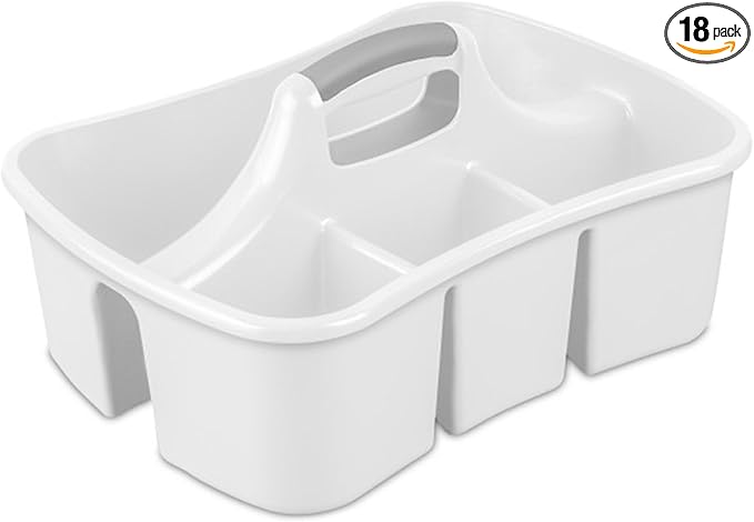 Sterilite Divided Ultra Caddy, Plastic, Portable Storage to Hold Bathroom and Cleaning Supplies, 5 Large Compartments and Handle, White, 18-Pack