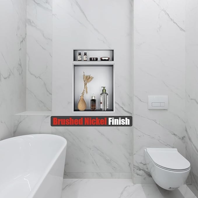 JQK Shower Niche No Tile Need, 4"×14" Brushed Nickel Bathroom Insert Shelf, 304 Stainless Steel Recessed Shower Caddy Organizer Storage, SNL414-BN