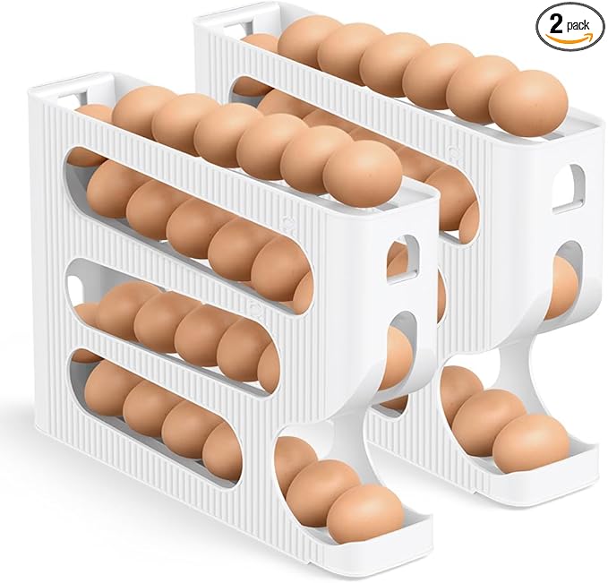 Egg Holder for Fridge, Automatic Rolling Egg Dispenser for Refrigerator, Countertop, Kitchen - Space-saving Egg Roller/Organizer/Storage/Container/Tray for Fridge - 2 Packs for 56 Large Size Eggs