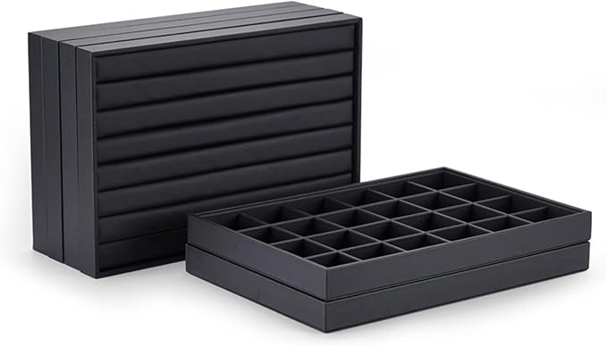 Stackable Jewelry Organizer Tray Premium PU Leather 24 Grid Jewelry Display Tray Trinket Earring Ring Organizer