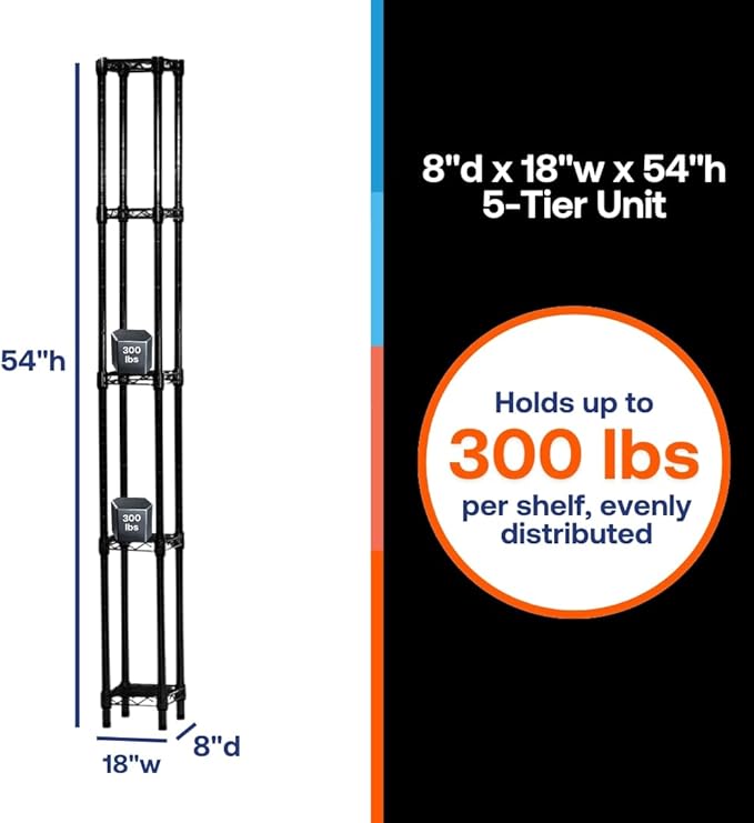 Shelving Inc. 8" d x 18" w x 54" h Black Wire Shelving with 5 Tier Shelves, Weight Capacity 300lbs Per Shelf