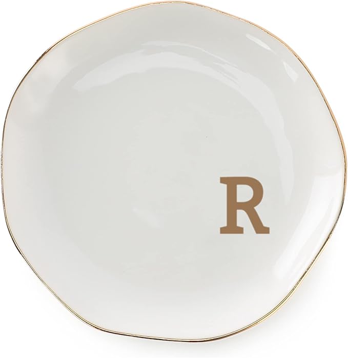 Initials Ring Dish Jewery Tray with Personalized R-Monogrammed Gifts Wedding Engagement for Women Friends Sister,Ceramic White