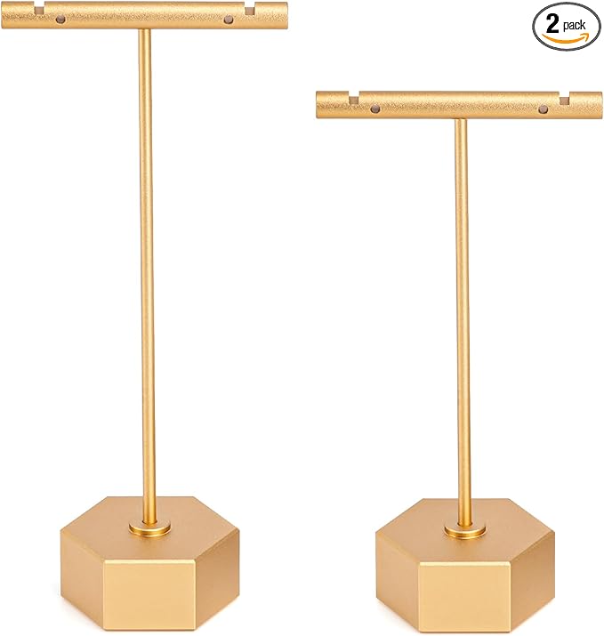 Metal Earring Stand Display Hexagon Base Earring T Bar Display Necklace Bracelet Ring Ear Studs Jewelry Display Rack for Vendors Photography and Showcase, Gold 2pcs Height 5.31" and 4.52"