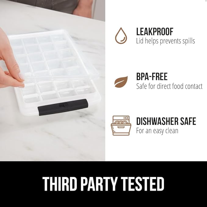GORILLA GRIP BPA-Free Easy Release Ice Cube Tray for Freezer, Make Lots of Ice, 56 Cubes Total, Kit Includes 2 Stackable Leakproof Trays with Lid and Soft Handle Grips, Scooper, Bin, For Coffee, Black