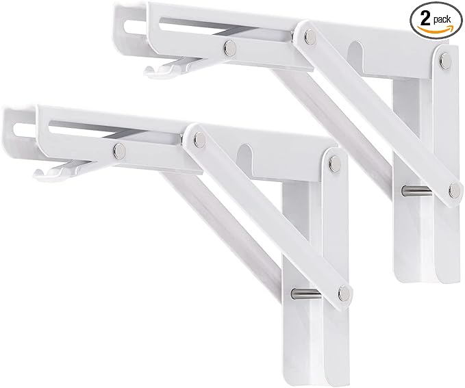 YUMORE Folding Shelf Brackets, 8 Inch Heavy Duty Collapsible Shelf Bracket, DIY L Bracket for Workbench Folding Table Hinge, Max Load: 300lb, White, 2 Pack
