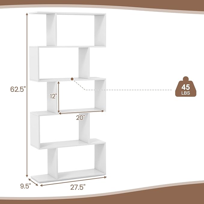 5-Tier Geometric Bookcase Set of 2, 62.5” Freestanding Room Divider Bookshelf with Open Display Shelves & Anti-tip Device, Wood S-Shaped Storage Organizer for Living Room, Bedroom & Home Office