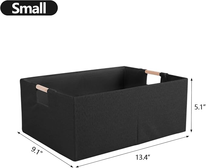 Fabric Storage Bin 3 Pack Foldable Cotton Linen Storage Basket with Wooden Handles Rectangular Cube Box – Black, Small