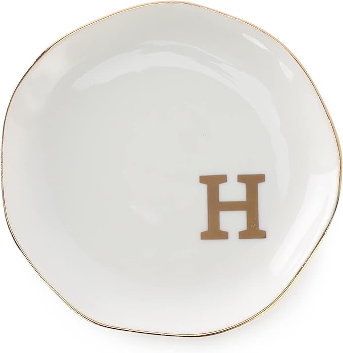 Initials Ring Dish Jewery Tray with Personalized H-Monogrammed Gifts Wedding Engagement for Women Friends sister,Ceramic White