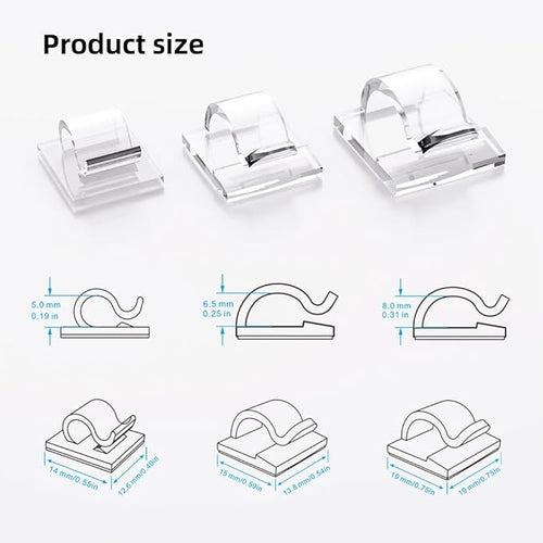 100 PCS Cable Clips Cord Organizer (Small, Medium,Large),Wire Holder for Cable Management, Outdoor Light Clips Light Hooks for LED String,Car Dash Cam, Extension Cord (Clear)