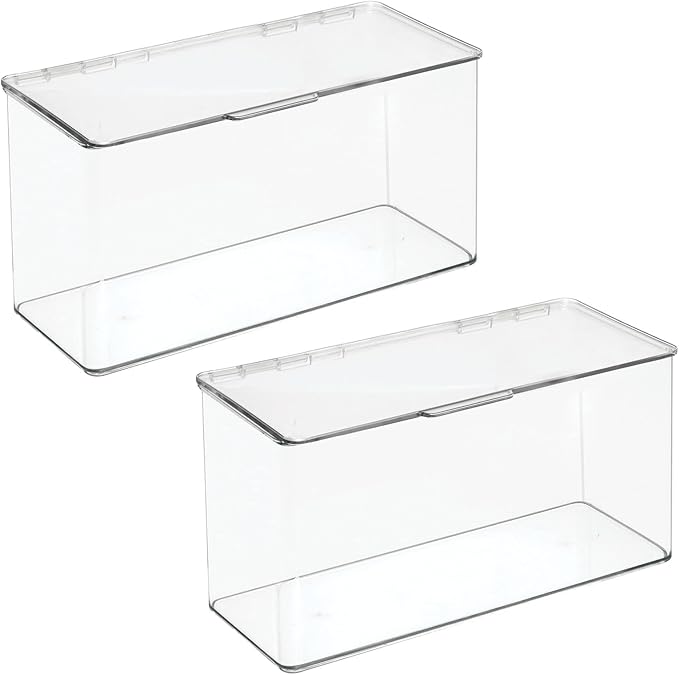 mDesign Plastic Stackable Playroom/Gaming Storage Organizer Bin Box with Hinged Lid for Drawer or Cabinet - Organize Electronics, Crayons, Games, Blocks, Toys, Lumiere Collection - 2 Pack - Clear