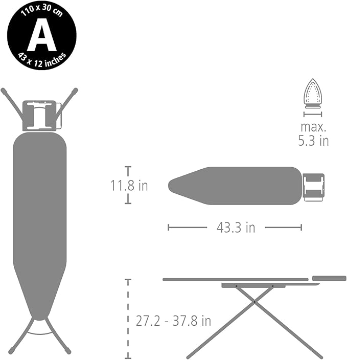 Brabantia Size A Compact Small Ironing Board (43x12 in) 7 Height Options, Adjustable Steam Iron Rest Holder (Soothing Sea) Non-Slip Feet, Anti-Collapse Child Locks