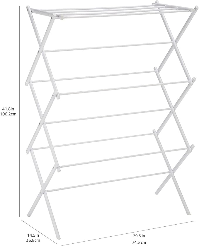 Amazon Basics Foldable Portable Laundry Rack for Air Drying Clothing, Indoor Outdoor Use - 14.5" D x 29.5" W x 41.8" H, White