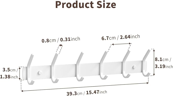 Coat Rack Wall Mount Hooks - 15 Inch Matte White Metal 6-Hook Organizer Wall Mounted, Modern Kids Room, Entryway & Bathroom Hanger for Beach Towels, Coats, Purses, Bags (2 Pack)
