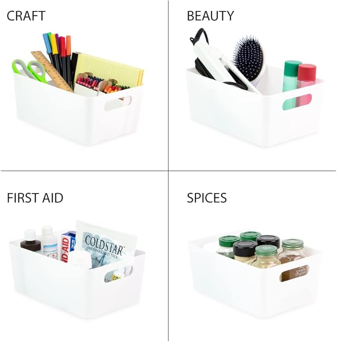 Isaac Jacobs 5-Pack Medium White Storage Bin (9.5” x 6.5”x 4”) Set w/Cut-Out Handles, Plastic Organizer, Multi-Use, Home, Office, Pantry, Closet, Kitchen