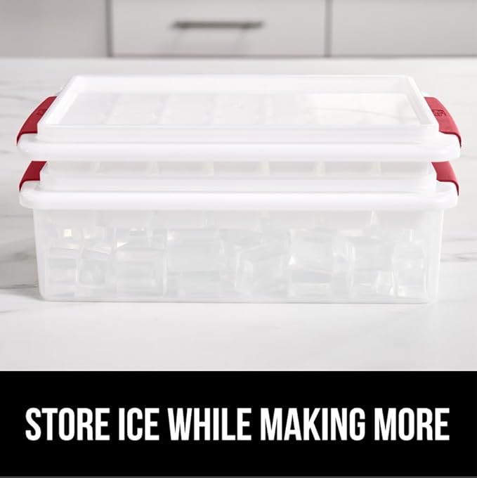 GORILLA GRIP BPA-Free Easy Release Ice Cube Tray for Freezer, Make Lots of Ice, 56 Cubes Total, Kit Includes 2 Stackable Leakproof Trays with Lid and Soft Handle Grips, Scooper, Bin, For Coffee, Red