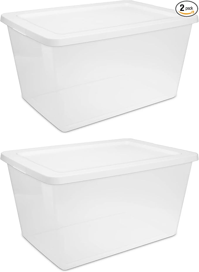 2-Pack 58 Quart Clear Storage Bins with Snap-On White Lids, Stackable Plastic Containers for Home Organization, Closet, Bedroom, Garage Storagea