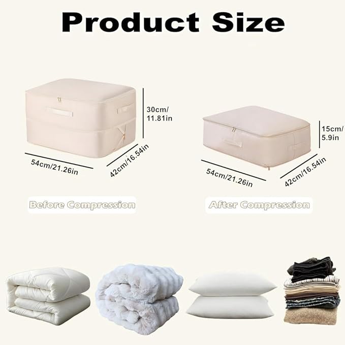 Ultra Space Saving Self Compression Organizer, 2025 New Large Capacity Storage Bag, Thick Satin Fabric Heavy Duty Bags for Comforters Blankets Bedding Duvet (Beige, Large, 21x17x12in)