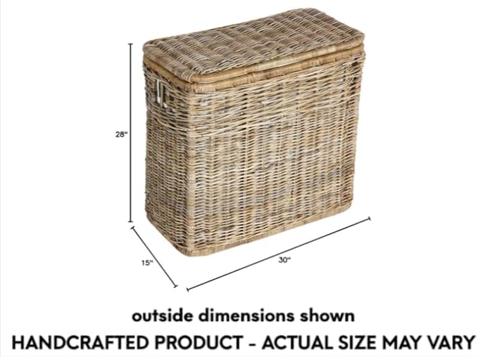 The Basket Lady 3-Compartment Wicker Laundry Sorter Hamper, 30 in L x 15 in W x 28 in H, Serene Grey