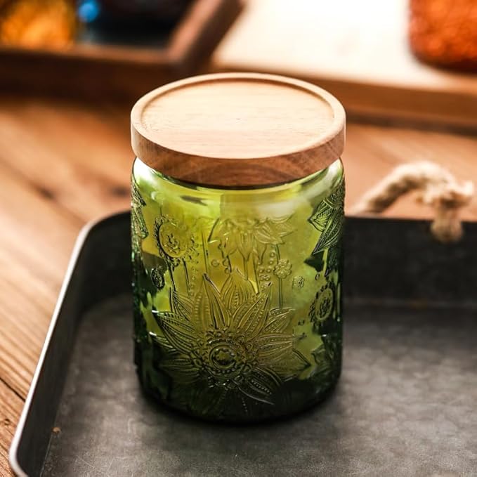 Set of 2 Vintage Glass Jars, Green Glass Storage Jars with Solid Wood Lids (23.7 oz) for Kitchen, Pantry, Candy, Flour, Oatmeal, Coffee Beans, Pet Food, Laundry Detergent, Cute Jar (Green, 2 Pack)
