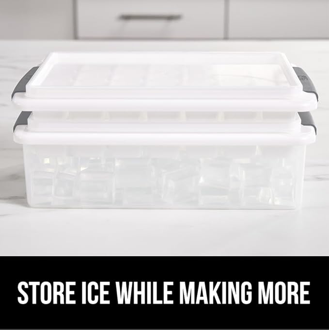 GORILLA GRIP BPA-Free Easy Release Ice Cube Tray for Freezer, Make Lots of Ice, 56 Cubes Total, Kit Includes 2 Stackable Leakproof Trays with Lid and Soft Handle Grips, Scooper, Bin, For Coffee, Gray