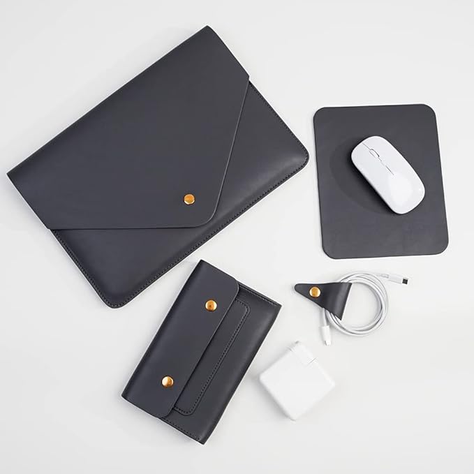 PU Leather Laptop Sleeve 13 Inch Compatible for 2024 13inch MacBook Air M3,13 MacBook Pro M2, Surface Pro 3 4 5 6 7, Dell XPS 13 with Small Pouch, Mouse Pad and Cord Organizer Color Dark Grey