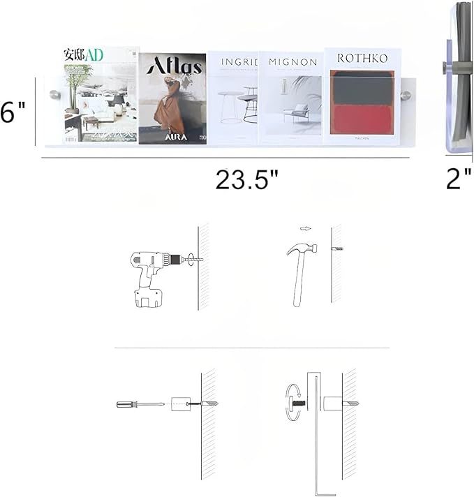 2-Pack Acrylic Magazine Holder Vinyl Records Holder, Display Floating Bookshelves Wall Mounted, Nursery Book Shelves Wall Decor Hanging Magazine Holder for Waiting Room, Living Room, Office