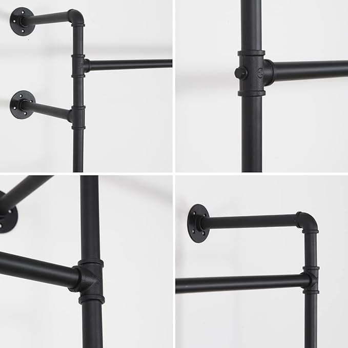 Wall Mounted Industrial Pipe Clothing Rack Garment Racks Pipeline Vintage Rolling Rack On Wall, Heavy Duty Rustic Gold Metal Garment Frame for Bedroom, Living room (Black)
